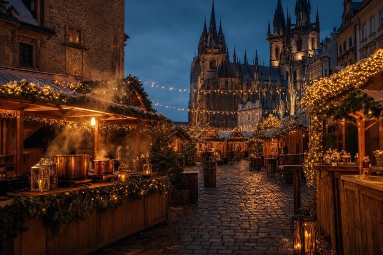 Beleuchtete Weihnachtsmarktbuden auf einem Altstadtplatz vor einer gotischen Kirche, Lichterketten über den Gassen, Dampf von Glühweinständen, blaue Stunde